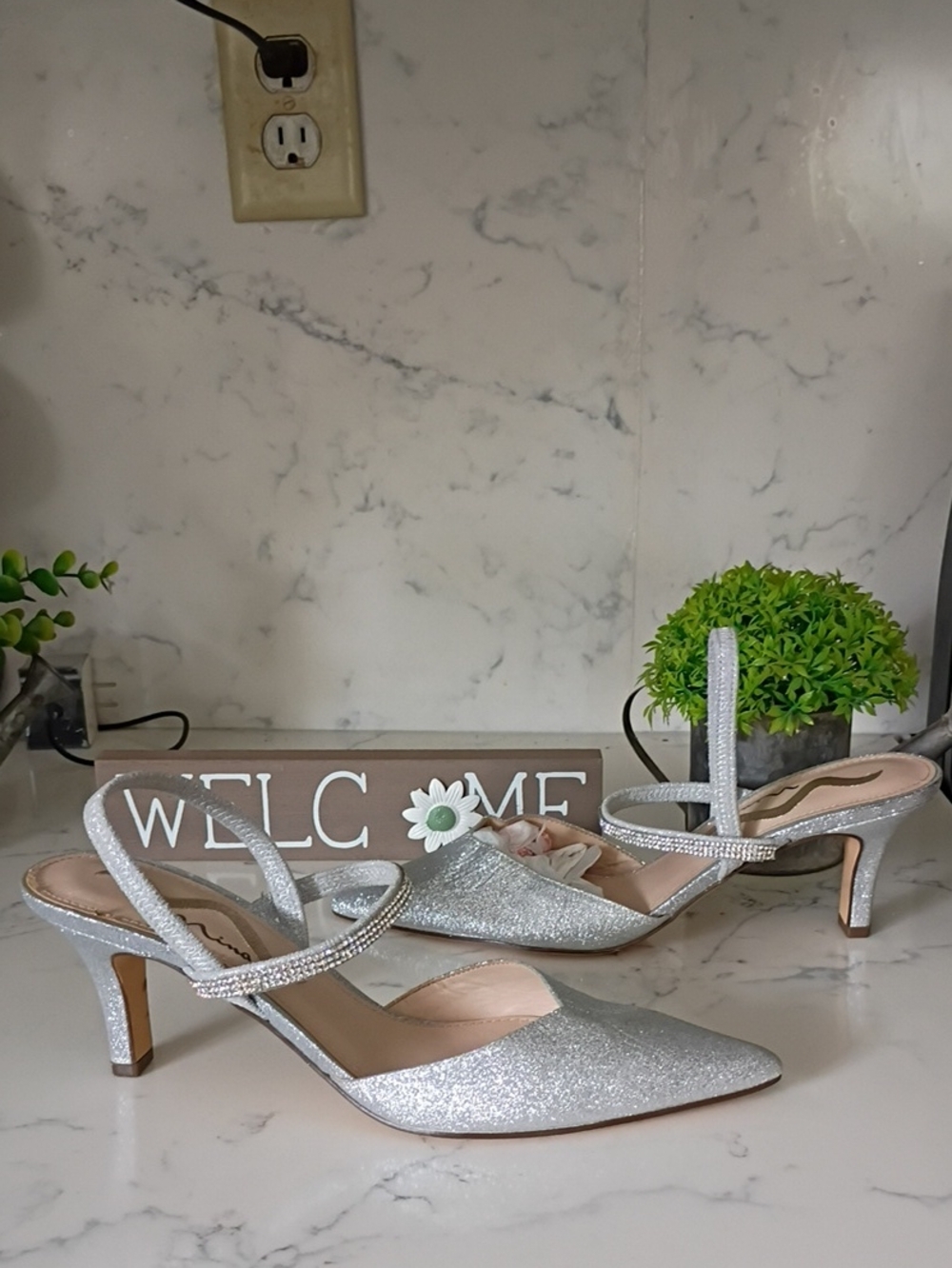 Nina Silver Glitter Pointed Slingback Heels